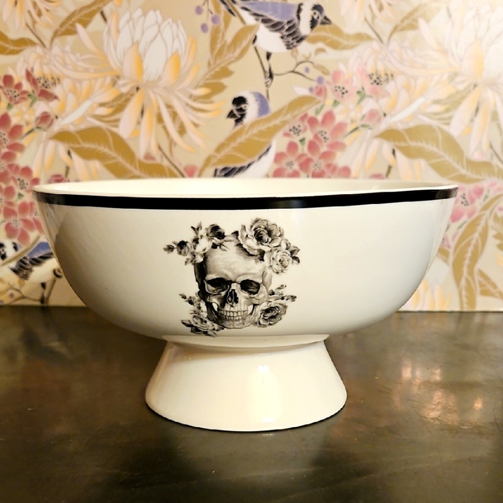 Wicked Ciroa Halloween Skull w/ Roses Porcelain Footed Bowl.